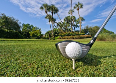 golf ball on tee with driver at tropical course, high res capture