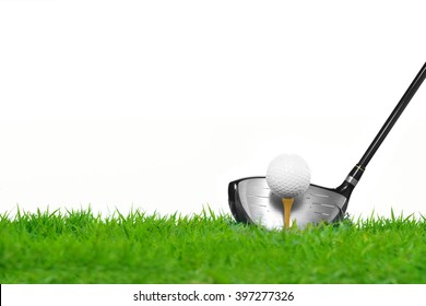 Golf Ball On Tee In Front Of Driver Isolated On White Background