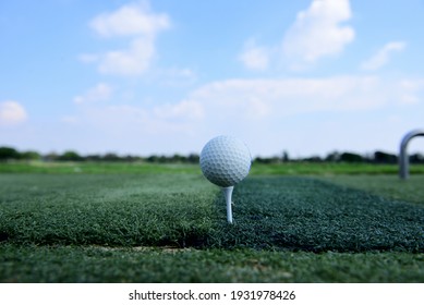 Golf Ball On Tee In A Green Grass Field Golf Course 