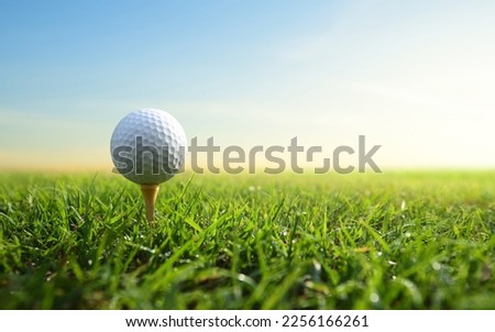 Golf ball on tee with sunrise  background.