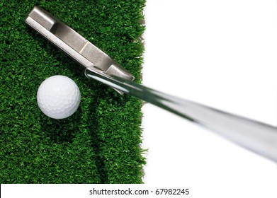 Golf Ball And Putter On Green Grass