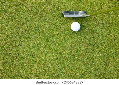 Golf ball, stick and turf for sports, play and hobby for recreation in summer outdoor. Above equipment, club and mockup on field for training, putt and activity on green grass for practice and game - Powered by Shutterstock