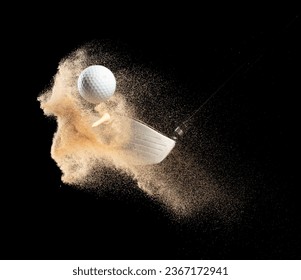 Golf ball tee explode from sand bunker. Golfer hit ball with club to sand explosion to green. Golf club hit ball tee in sand wedge bunker explosion. Black background isolated series two of images