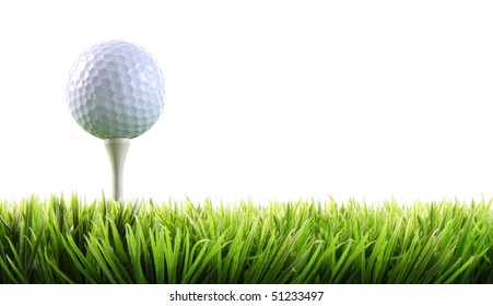 Golf Ball With Tee In The Grass On White