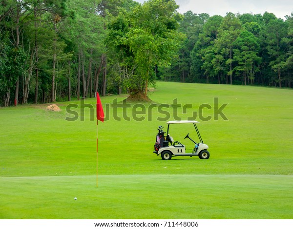 golf cart or golf car or club car on layout in\
beautiful golf course
