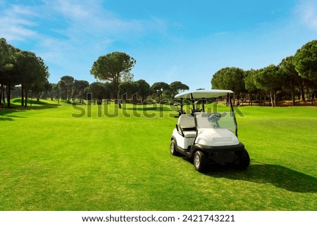 Golf cart on a golf course with green grass field with blue sky and trees