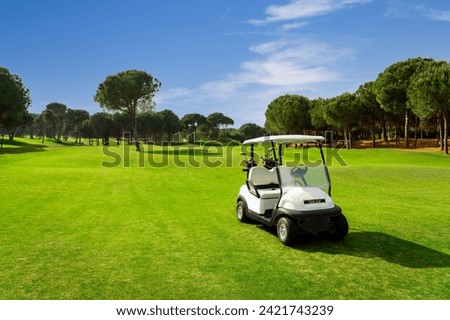 Golf cart on a golf course with green grass field with blue sky and trees in Belek, Turkey