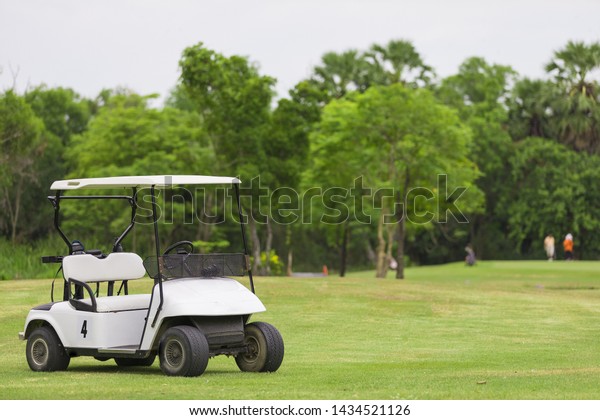 Golf cart on the golf course and golf hole on the\
green selective focus