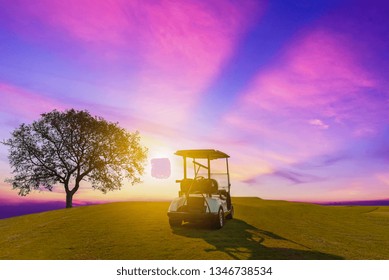 A Golf Cart Parking On Green Grass At Golf Course With Big Tree Sunlight And Blue Twilight Sky Background 