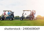 Golf cart, people and happiness with hobby, game and leisure with weekend break, bonding together and smile. Group, players and buggy with friends, recreation and fun with activity, sports and joyful