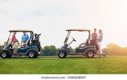 Golf cart, people and happiness with hobby, game and leisure with weekend break, bonding together and smile. Group, players and buggy with friends, recreation and fun with activity, sports and joyful - Powered by Shutterstock