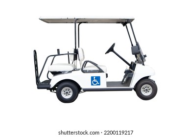 Golf carts or electric golf cart white for people with disabilities. isolated on white background with Clipping Part.Electric golf carts are widely used in sport of golf to run athletes on the grass. - Shutterstock ID 2200119217