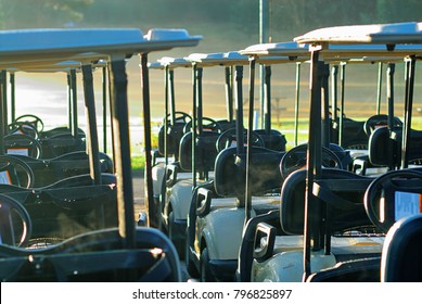 Golf Carts Lined Up In The Morning Sun.