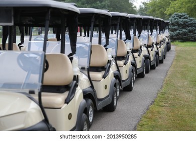 Golf Carts Are Lined Up Prior To A Golf Tournament