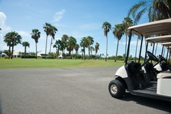 Golf Carts On Side Of Golf Course.