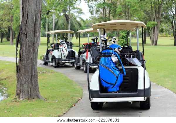 Golf carts parked on the\
golf course.