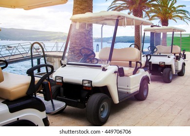 Golf Carts Parked In A Row On The Beach With Palm Trees Around