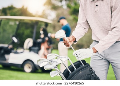 Golf, choose club and hands of man with golfing bag to start game, practice and training for competition. Professional golfer, activity and male caddy with clubs for exercise, fitness and recreation