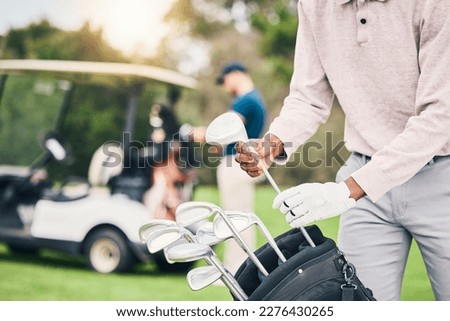 Golf, choose club and hands of man with golfing bag to start game, practice and training for competition. Professional golfer, activity and male caddy with clubs for exercise, fitness and recreation Foto stock © 