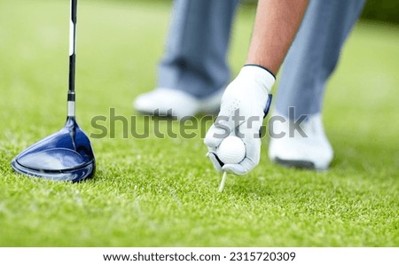 Golf, closeup of man with sports club and ball on the grass course outside. Training or practice, sports with equipment and hand of a male athlete golfer outside for competition or tournament