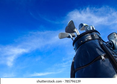 Golf Club In Bag With Blue Sky Background.