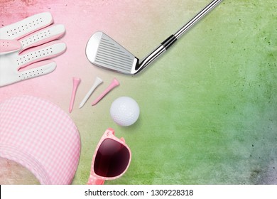 Golf club, golf ball, golf glove and visor with sunglasses on coloured surface from above, ladies day