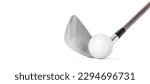 Golf club and ball at the moment of impact on white background, including clipping path