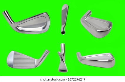 Golf Club Iron Head In Varieties Point Of View With Green Screen Background For Video Editor.