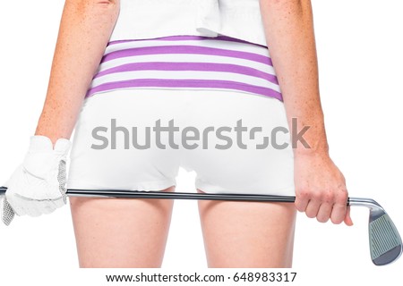 Golf club in woman hands on ass background on white background 