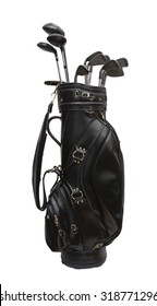 Golf Clubs In A Black Leather Bag / Isolated On White Background