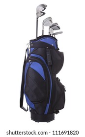 Golf clubs in blue and black bag isolated on white