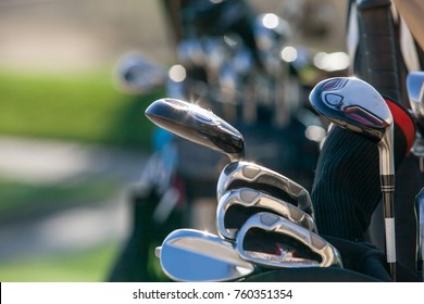 Golf clubs glistening in the sunlight. A golf bag full of clubs. Golf club heads.