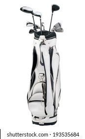 Golf Clubs In White And Black Bag Isolated On White Background