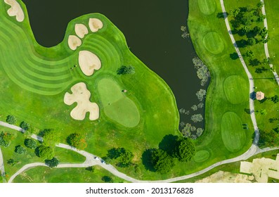 Golf Course Beautiful Aerial View Of Golf Field Landscape With Sunrise View In The Morning Shot. Bangkok Thailand