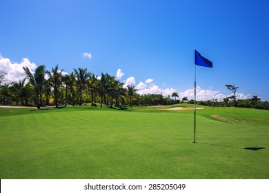 Golf course. Beautiful landscape of a golf court with palm trees in Punta Cana, Dominican Republic 