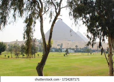 Golf course in Cairo and the Great Egyptian Pyramids at Giza. - Shutterstock ID 1724287171
