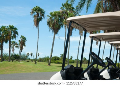 Golf Course With Golf Carts Lined Up And Ready.