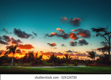 Golf course in the countryside, sunset shot