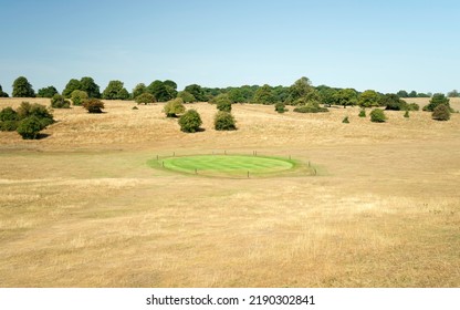 Golf course covered in dry grassland with green grass over hole from watering  during extreme heatwave all under clear blue sky in summer in Beverley, Yorkshire, UK. - Shutterstock ID 2190302841