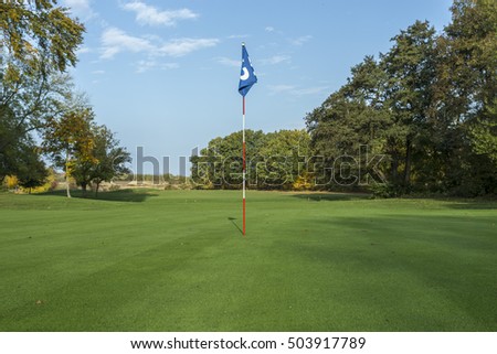 Golf Course in Forest - Golf Green With Flag in the hole.