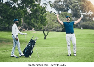 Golf course, men friends and celebration for winning, eagle shot or training together with happiness. Black man, golfer and field for sports, celebrate goal and winner at competition with diversity - Powered by Shutterstock