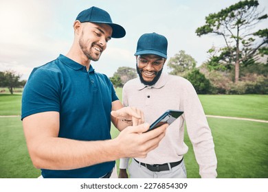 Golf course, men and friends with talk for using phone, smile and personal trainer with video for training together. Golfer, smartphone and point at meme on social media app with sports for diversity - Powered by Shutterstock