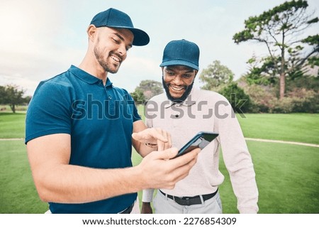 Golf course, men and friends with talk for using phone, smile and personal trainer with video for training together. Golfer, smartphone and point at meme on social media app with sports for diversity