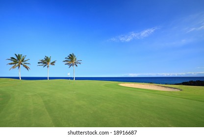 Golf Course on Green Ocean Shore of Kona Island, Hawaii