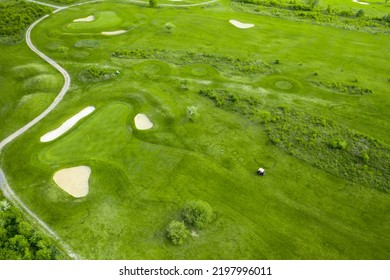 Golf Course With Sand Bunker And Green Grass, Aerial View.