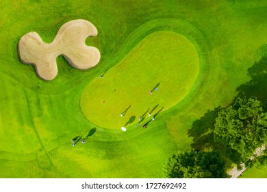 Golf Course Sport Aerial Top View Of Golf Field Landscape With Sunrise View In The Morning Shot. Bangkok Thailand