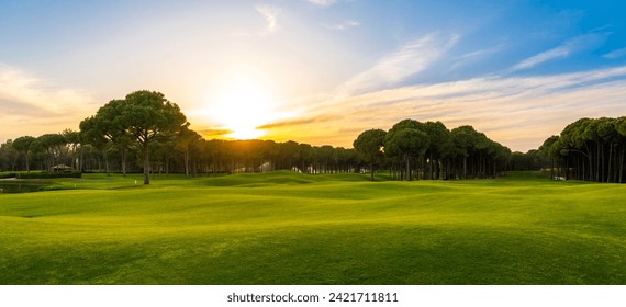 Golf course at sunset with beautiful blue sky. Scenic panoramic view of perfect golf fairway. Golf field with high pines - Powered by Shutterstock