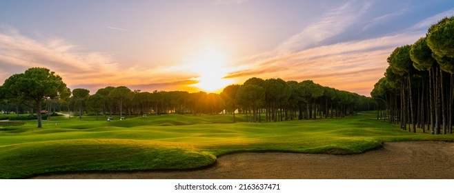 Golf course at sunset with beautiful sky and sand trap. Scenic panoramic view of golf fairway with bunker. Golf field with pines