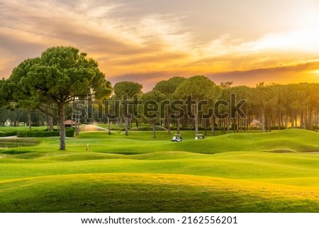Golf course at sunset with beautiful sky. Scenic panoramic view of golf fairway. Golf field with pines