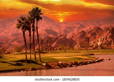 Golf Course At Sunset  In Palm Springs, California, Usa